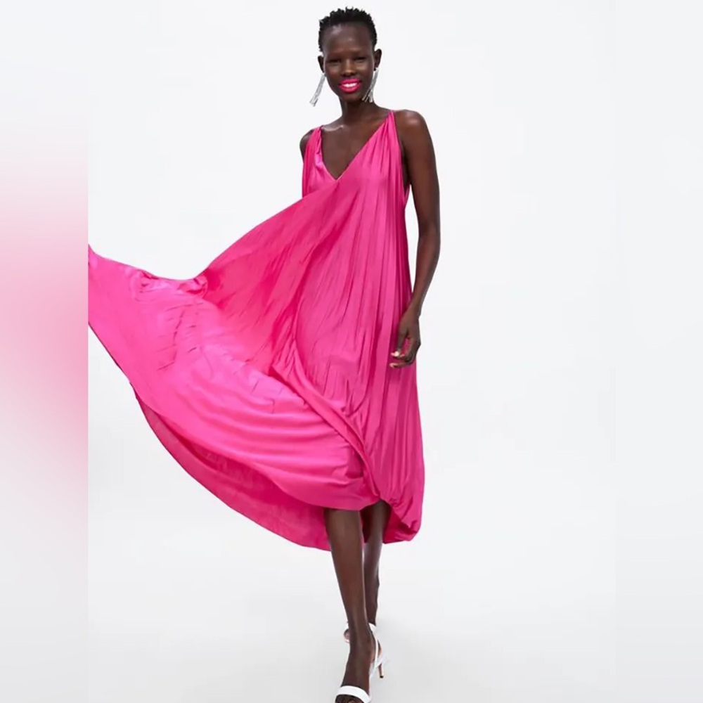 Zara Hot Pink Pleated V-Neck Maxi Dress